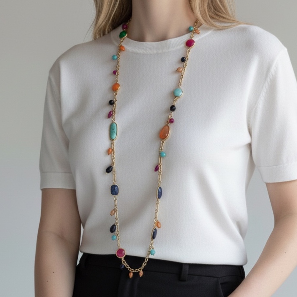 NWOT Chico's long multicolored gold tone beaded adjustable necklace boho artisan